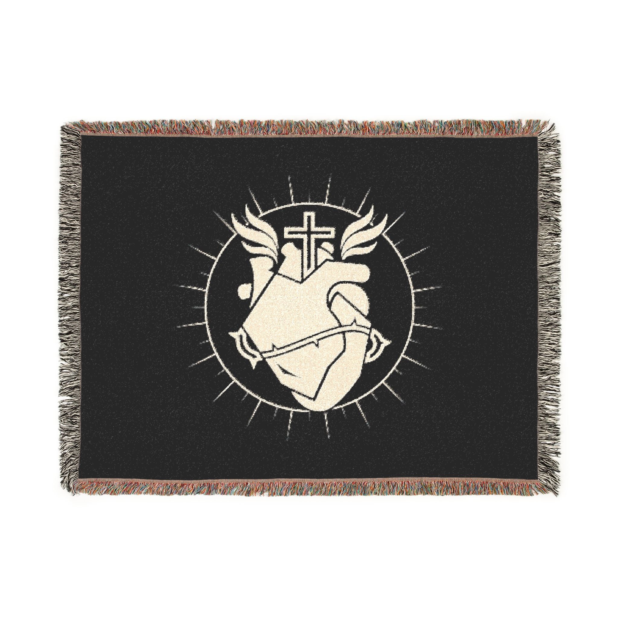 Sacred Heart Woven Blanket – Religious Heart & Cross Throw